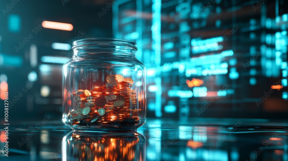 Glass Jar Filled with Golden Coins Against a Blue and Red Digital Background Glass Jar Filled with Golden Coins Against a Blue and Red Digital Background