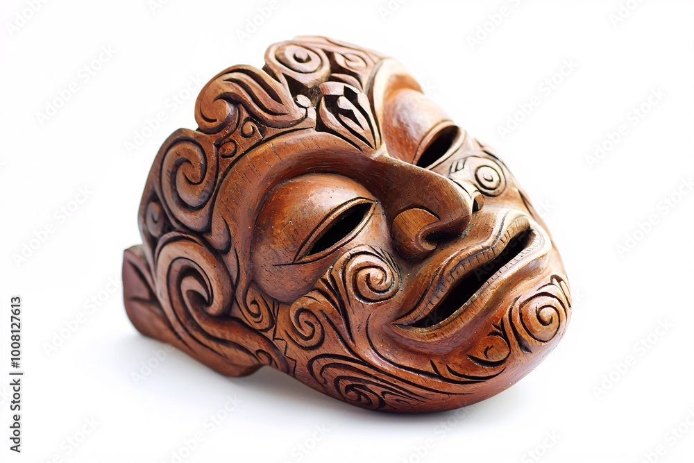 An intricately designed hand-carved mask, featuring detailed patterns and rich textures, is presented against a pristine white backdrop, highlighting the artistry and craftsmanship involved. An intricately designed hand-carved mask, featuring detailed patterns and rich textures, is presented against a pristine white backdrop, highlighting the artistry and craftsmanship involved.