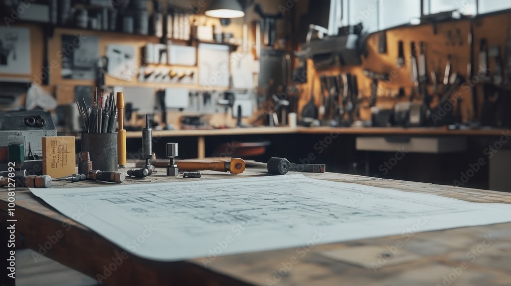 A close-up of a workbench in a garage, cluttered with tools, hardware, and blueprints. A close-up of a workbench in a garage, cluttered with tools, hardware, and blueprints.