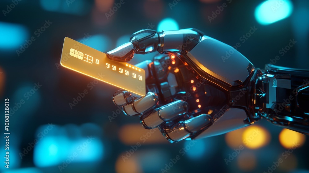 A Robotic Hand Holding a Credit Card with Glowing Numbers A Robotic Hand Holding a Credit Card with Glowing Numbers