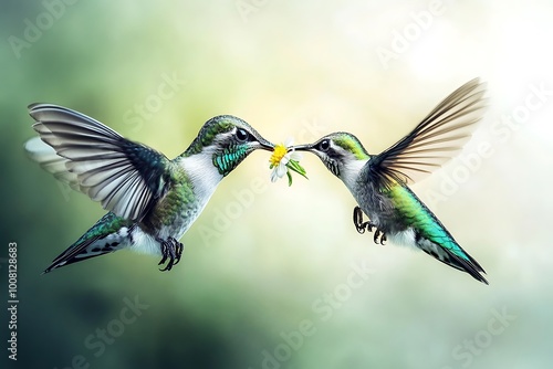 Two Hummingbirds Sharing a Flower.