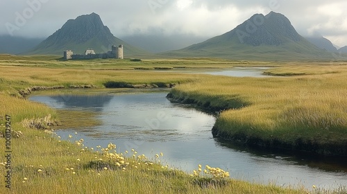 Serene Landscape with Castle and Mountains