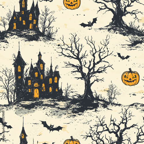 Haunted House Halloween Seamless Pattern