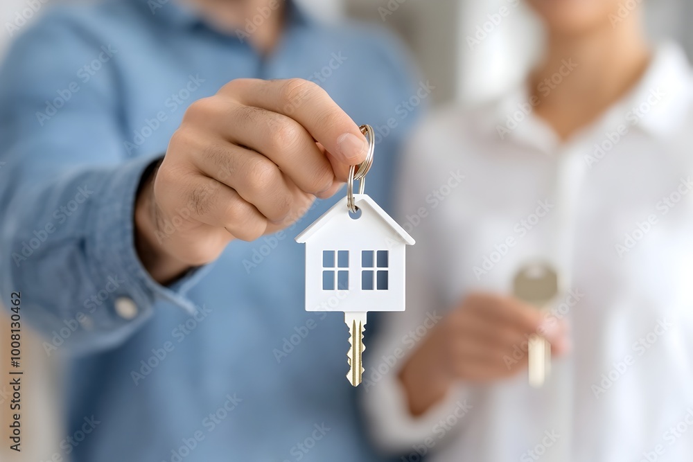 Smiling couple holding keys in front of a new home representing real estate first time buyers and life milestones