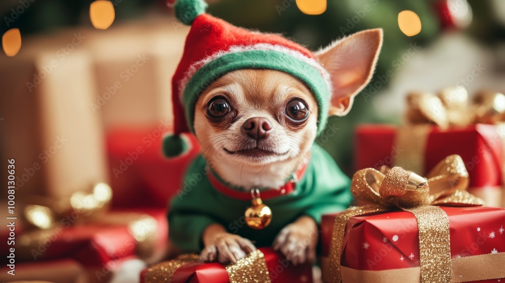 A Festive Chihuahua Dressed in a Green and Red Elf Hat A Festive Chihuahua Dressed in a Green and Red Elf Hat