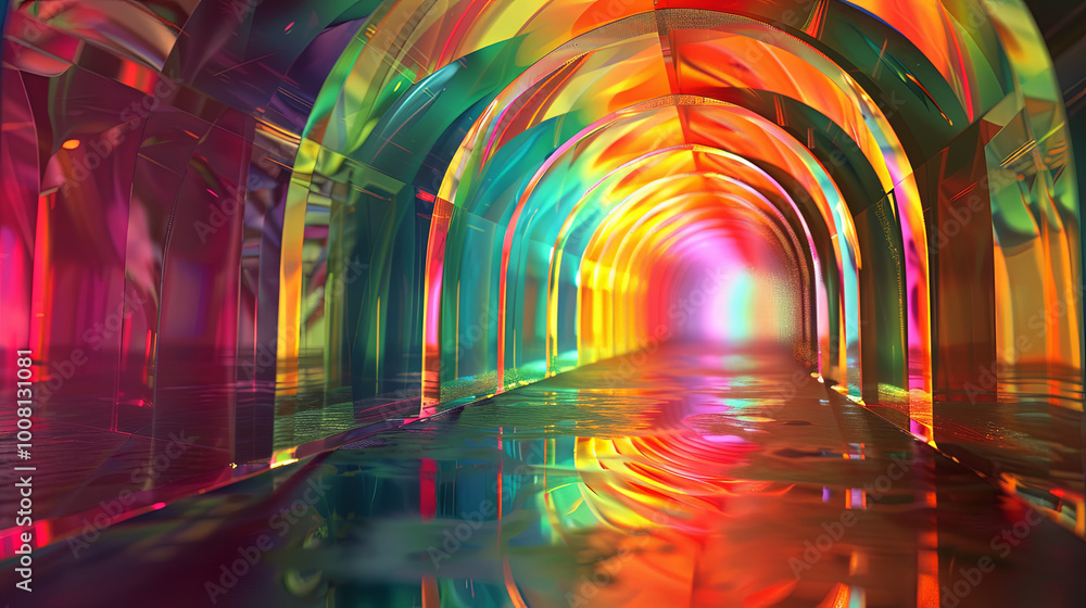 A vibrant abstract tunnel of glowing prisms and refracted light creates mesmerizing visual experience. A vibrant abstract tunnel of glowing prisms and refracted light creates mesmerizing visual experience.