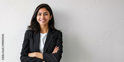A smiling professional Arab or Asian woman in business attire standing with arms crossed on a white background, with room for text.