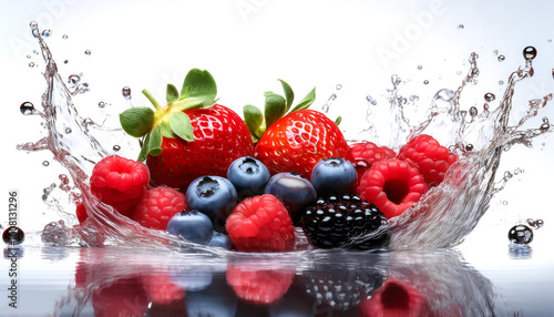 Fresh berries with a splash of water, showing off their bright colors and visible splash of water on white background