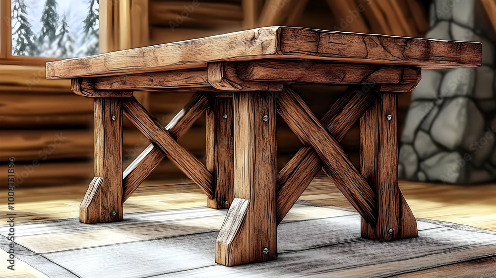 Rustic Wooden Table with X-Shaped Legs in Cabin Setting Rustic Wooden Table with X-Shaped Legs in Cabin Setting