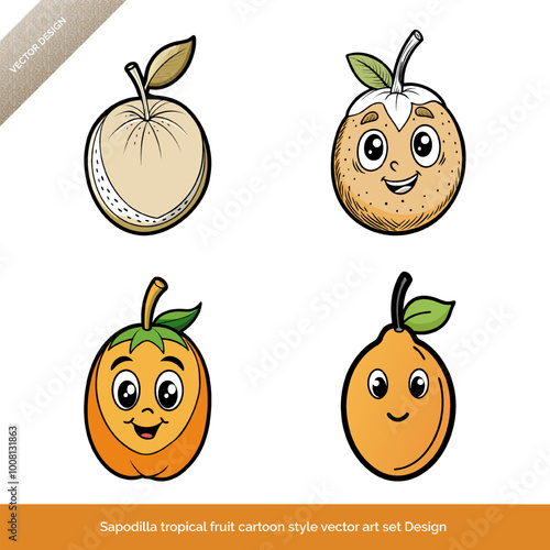 Sapodilla Tropical Fruit  Cartoon Style Vector Art Set Design