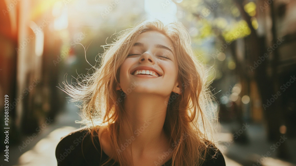 A young woman who is happy to be praised, Bright scenery, Urban A young woman who is happy to be praised, Bright scenery, Urban