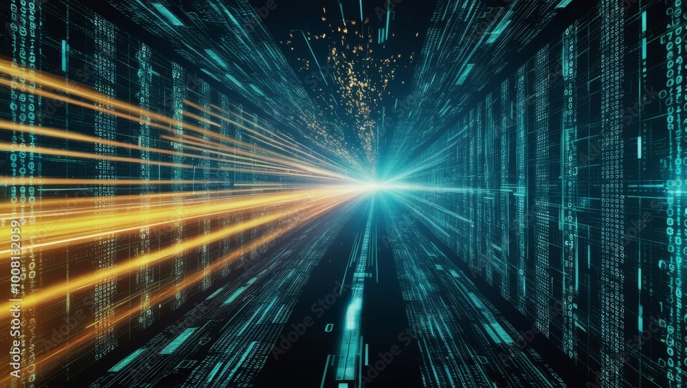 Obraz premium Abstract Data Stream and Binary Code in a Futuristic Tech Environment