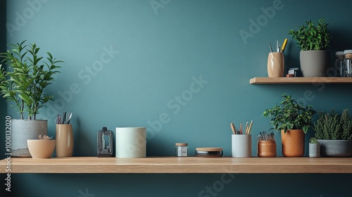 A serene shelf display with plants and stationery on a teal wall.