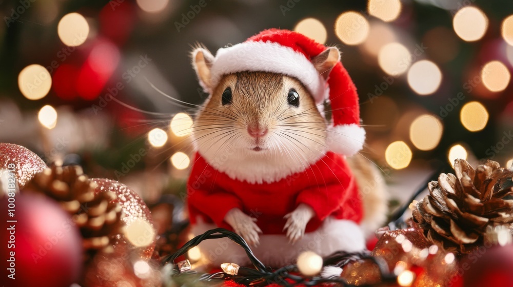 A Cute Gerbil Dressed in a Santa Hat and Suit Surrounded by Christmas Decorations A Cute Gerbil Dressed in a Santa Hat and Suit Surrounded by Christmas Decorations