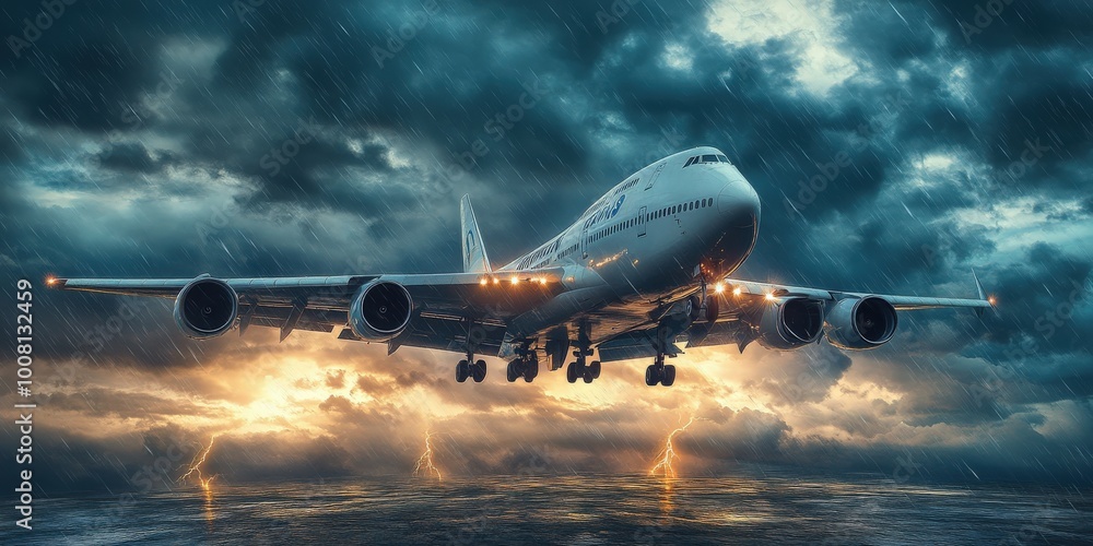 Airplane Flying Through Stormy Skies, Aviation in Rough Weather Airplane Flying Through Stormy Skies, Aviation in Rough Weather
