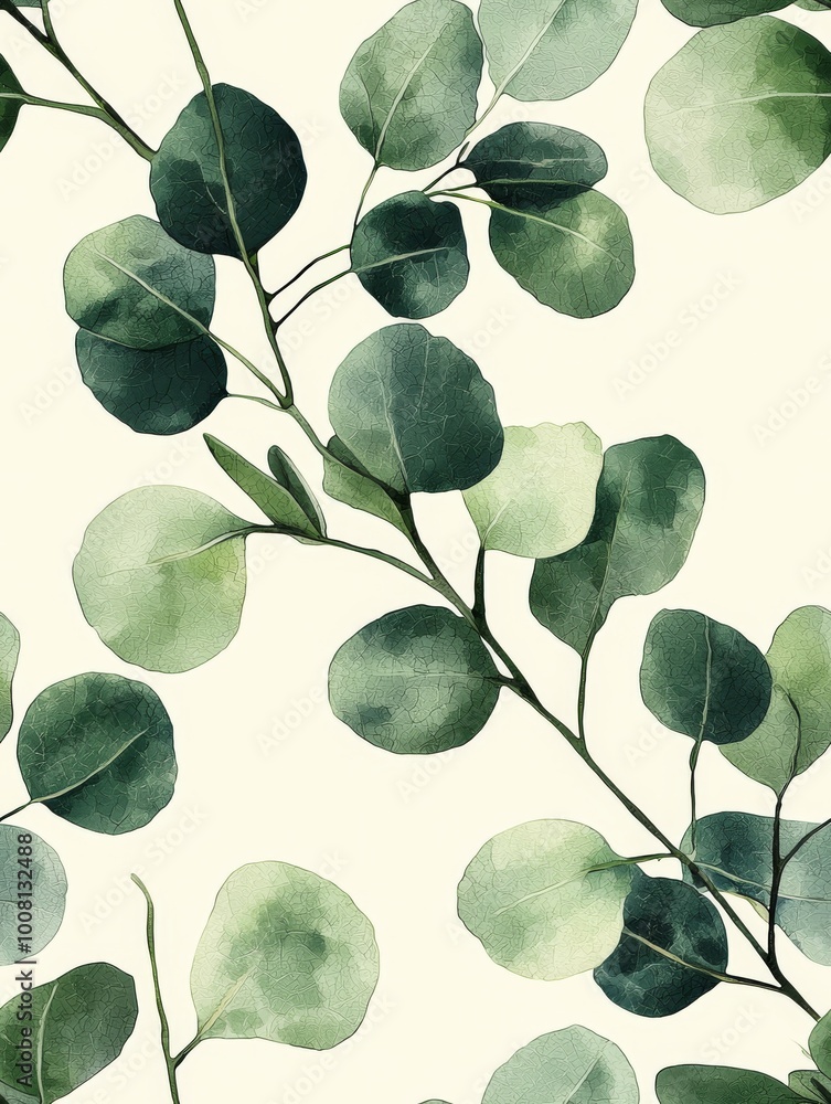 an impressionist botanical painting in sage green on a solid light beige background, eucalyptus leaf an impressionist botanical painting in sage green on a solid light beige background, eucalyptus leaf