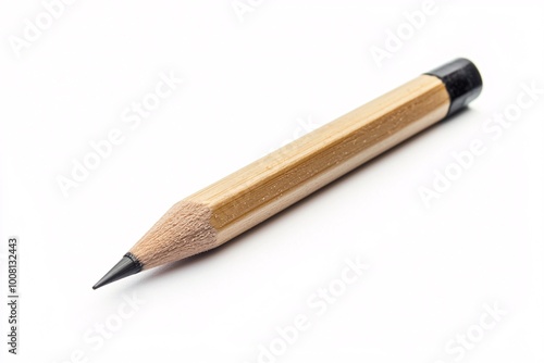 A finely pointed wooden pencil lies against a blank white backdrop, perfect for creative and educational purposes.