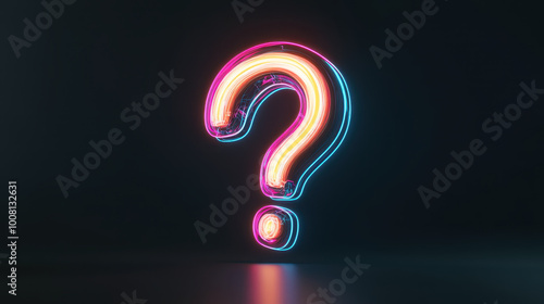 glowing holographic 3D question mark in neon colors illuminates dark background, creating vibrant and intriguing visual. This striking design evokes curiosity and wonder