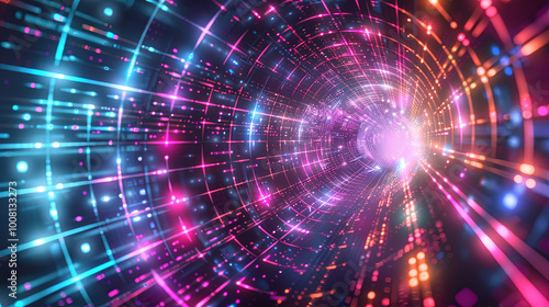 An abstract tunnel with expanding luminous grids and vibrant colors creates mesmerizing visual experience.