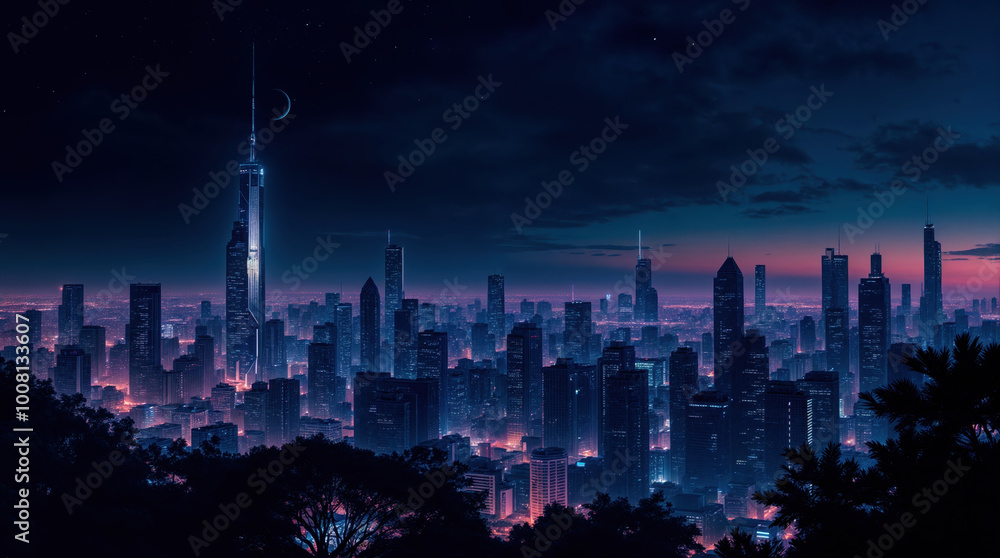 Fototapeta premium Futuristic megacity skyline at night, illuminated skyscrapers under crescent moon and starry sky, urban landscape with neon lights and distant horizon