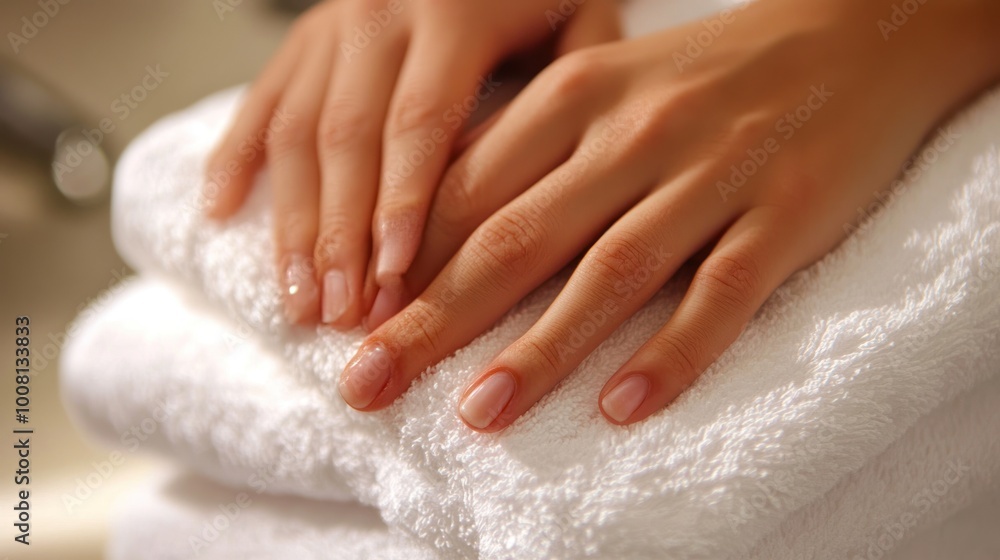 A pair of hands resting on neatly stacked white towels, suggesting relaxation or self-care. A pair of hands resting on neatly stacked white towels, suggesting relaxation or self-care.