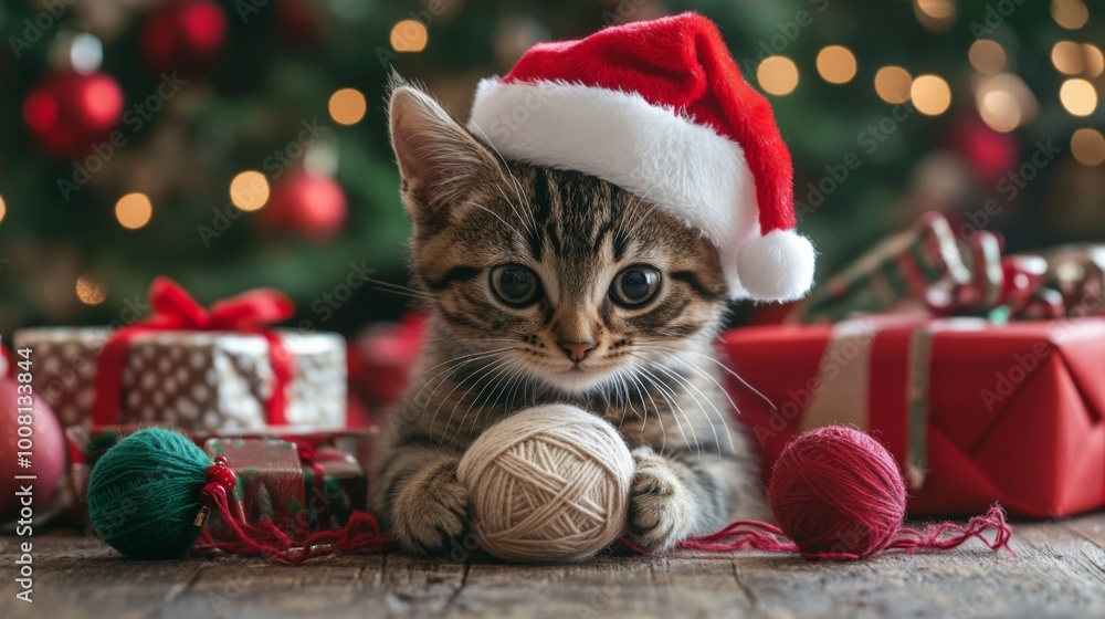 Kitten Wearing Santa Hat with Yarn Balls Near Christmas Tree Kitten Wearing Santa Hat with Yarn Balls Near Christmas Tree