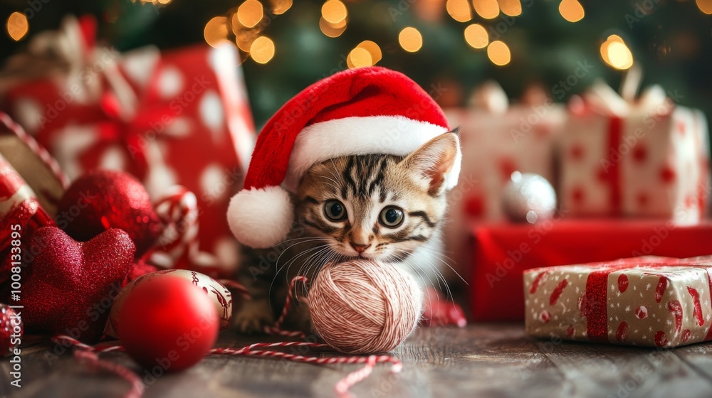 Obraz premium A Kitten Wearing a Santa Hat Plays with Yarn Amongst Christmas Decorations