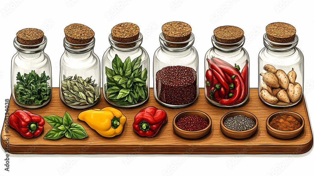 Illustrated Still Life of Various Spices and Herbs in Glass Jars on a Wooden Board with Small Bowls of Seeds and Spices Illustrated Still Life of Various Spices and Herbs in Glass Jars on a Wooden Board with Small Bowls of Seeds and Spices