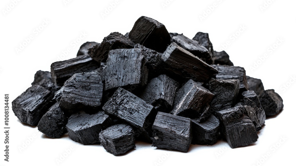 A pile of charcoal, also known as xylanthrax, isolated on a white background, showcasing the rich black texture of wood coal, ideal for grilling and various heating applications A pile of charcoal, also known as xylanthrax, isolated on a white background, showcasing the rich black texture of wood coal, ideal for grilling and various heating applications
