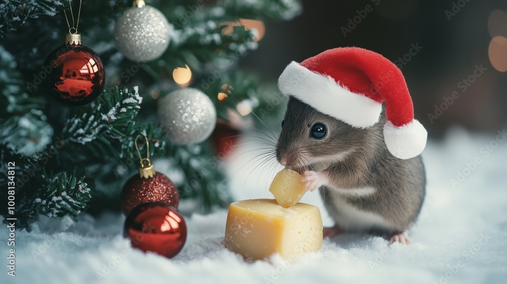 A Mouse in a Santa Hat Eats Cheese Under a Christmas Tree A Mouse in a Santa Hat Eats Cheese Under a Christmas Tree
