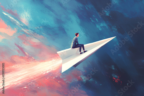 Businessman sitting on a paper plane flies at high speed. isolated, illustration
