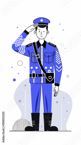 Cartoon Military Officer in Blue Uniform Saluting with Respect