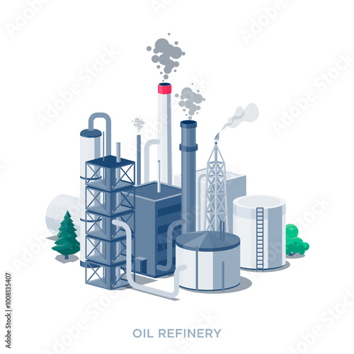 Crude oil refinery power plant station aerial view. Factory producing gas, diesel, petroleum burning fossil fuel and emissions. Dirty combustion facility. Flat isolated vector illustration on white