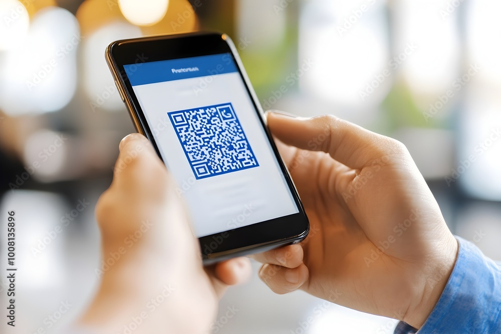 Person Scanning QR Code on Smartphone for Contactless Restaurant Entry Person Scanning QR Code on Smartphone for Contactless Restaurant Entry