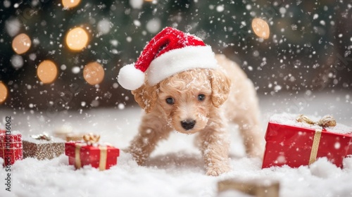 Puppy Wearing Santa Hat in Snowy Christmas Scene