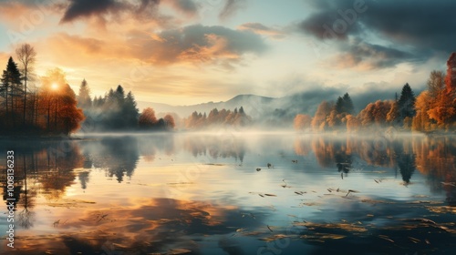 Misty Sunrise Over a Tranquil Lake
