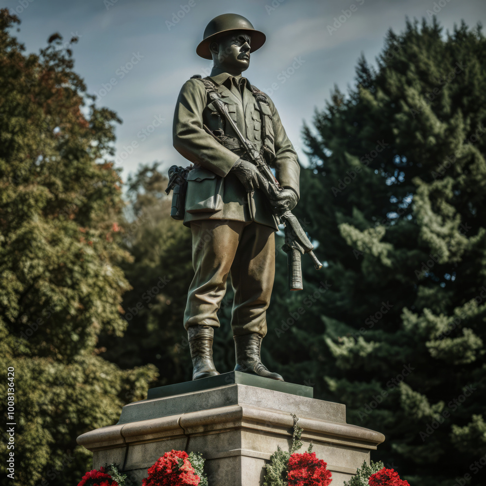 Naklejka premium Realistic Statue of Soldiers in World War Attire, Displayed in a Military Tribute Park