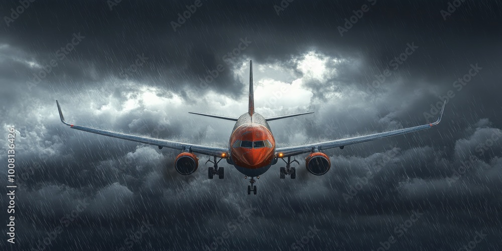 Airplane Flying Through Stormy Skies, Aviation in Rough Weather Airplane Flying Through Stormy Skies, Aviation in Rough Weather