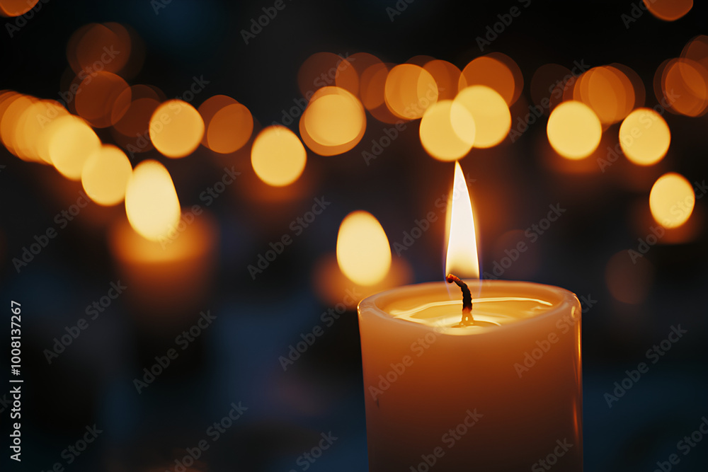 Candles Burning at Night. White Candles Burning in the Dark with focus on single candle in foreground Candles Burning at Night. White Candles Burning in the Dark with focus on single candle in foreground