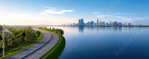 Aerial view of a sleek highway with fresh asphalt, bordered by a lake garden, with a city skyline shimmering in the distance