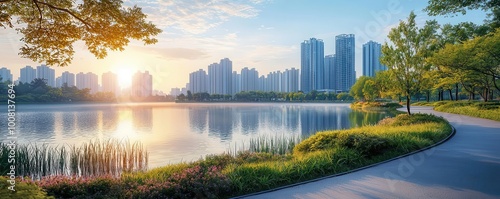 Wallpaper Mural Asphalt highway winding through a peaceful lake garden, with a modern city skyline rising in the background under a clear sky Torontodigital.ca