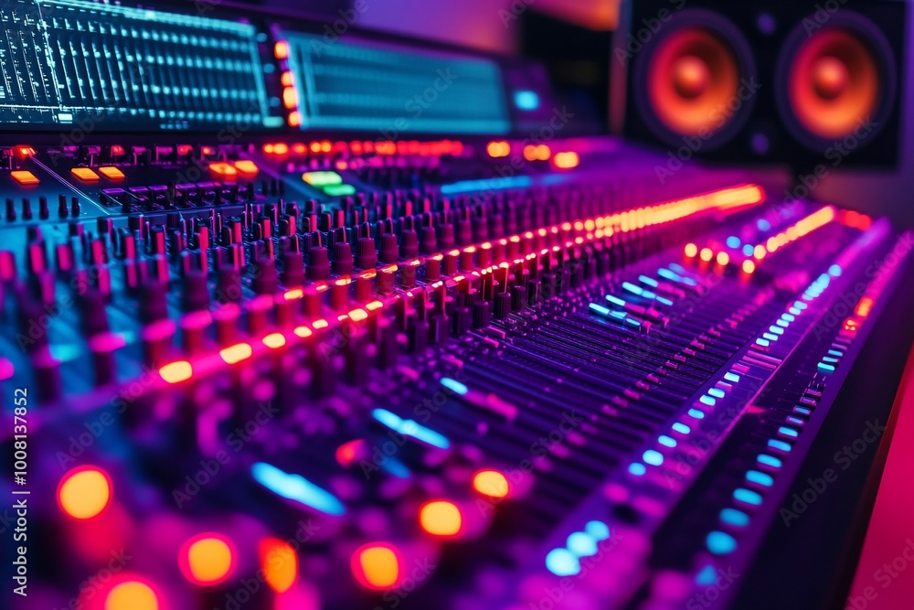 Close-up of a professional audio mixing console with illuminated buttons in a recording studio. Close-up of a professional audio mixing console with illuminated buttons in a recording studio.