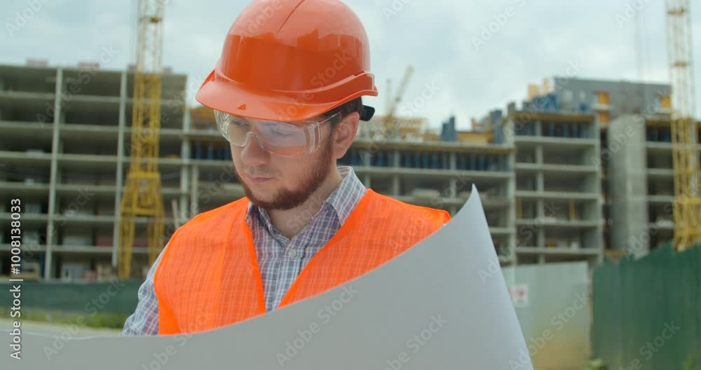 Young architect or builder With Hard Hat Holding Blueprint In His Hands in front of building under construction. Close-up portrait of engineer with blueprint on background of building under Young architect or builder With Hard Hat Holding Blueprint In His Hands in front of building under construction. Close-up portrait of engineer with blueprint on background of building under
