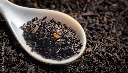 Black tea in a spoon on a black tea background. Close-up shot