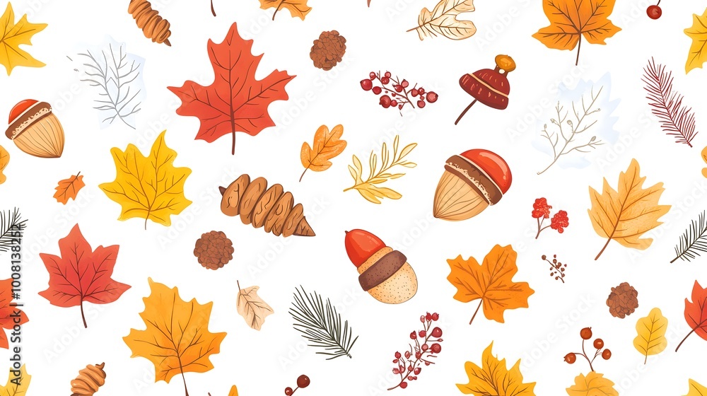 Fototapeta premium Autumn leaves, acorns, and evergreen branches vector illustration on a white background. Flat cartoon design of fall season elements for a greeting card or decoration.