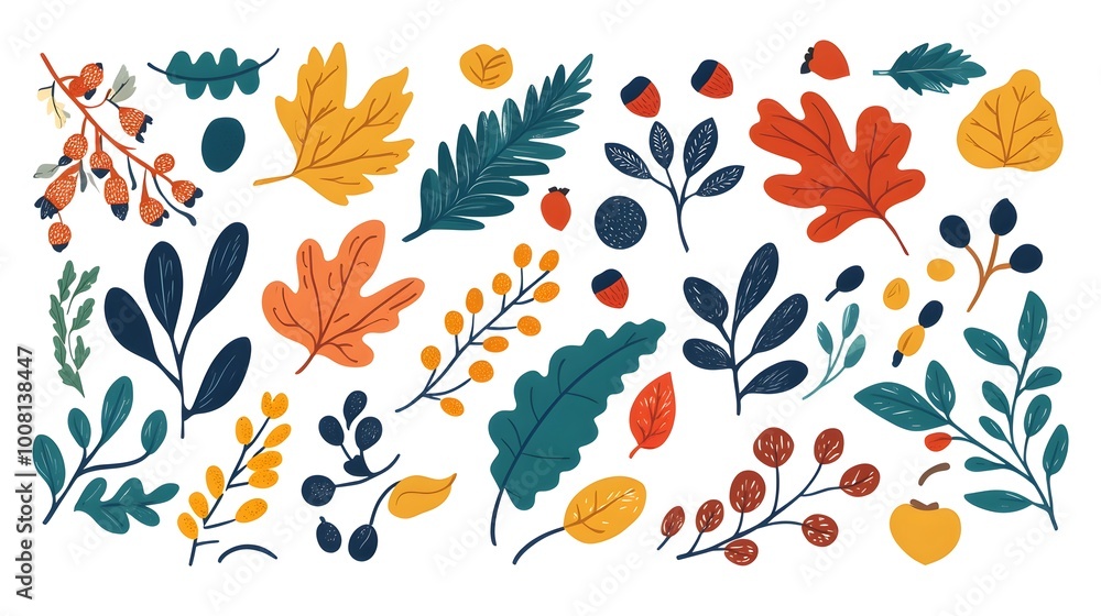 Obraz premium Autumn leaves, acorns, and evergreen branches vector illustration on a white background. Flat cartoon design of fall season elements for a greeting card or decoration.