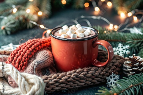 A red cup of hot chocolate with marshmallow marshmallows on a festive background. Christmas mug with cocoa, knitted scarf, Christmas tree and decorations. A Christmas drink.