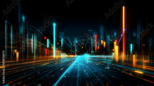 Neon Cityscape with Glowing Lines and Data Charts as a Futuristic Urban Background