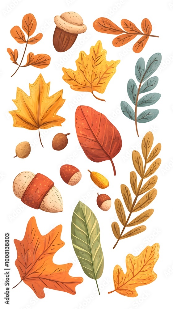 Fototapeta premium Autumn leaves, acorns, and evergreen branches vector illustration on a white background. Flat cartoon design of fall season elements for a greeting card or decoration.