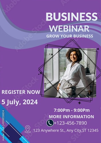 flyers about purple themed business webinars with compact and complete information presented in understandable images photo